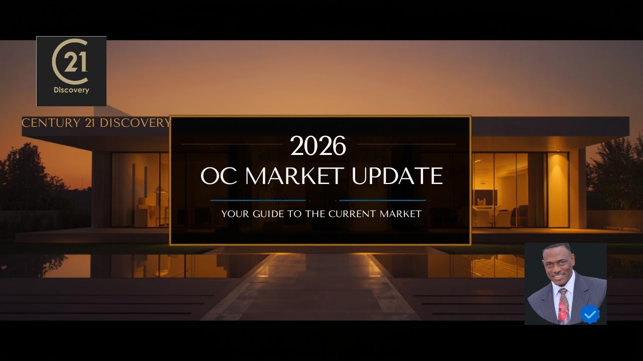 Orange County real estate market report 2026 for Century 21 Discovery featuring Stephen Tart and a luxury OC home at sunset.
