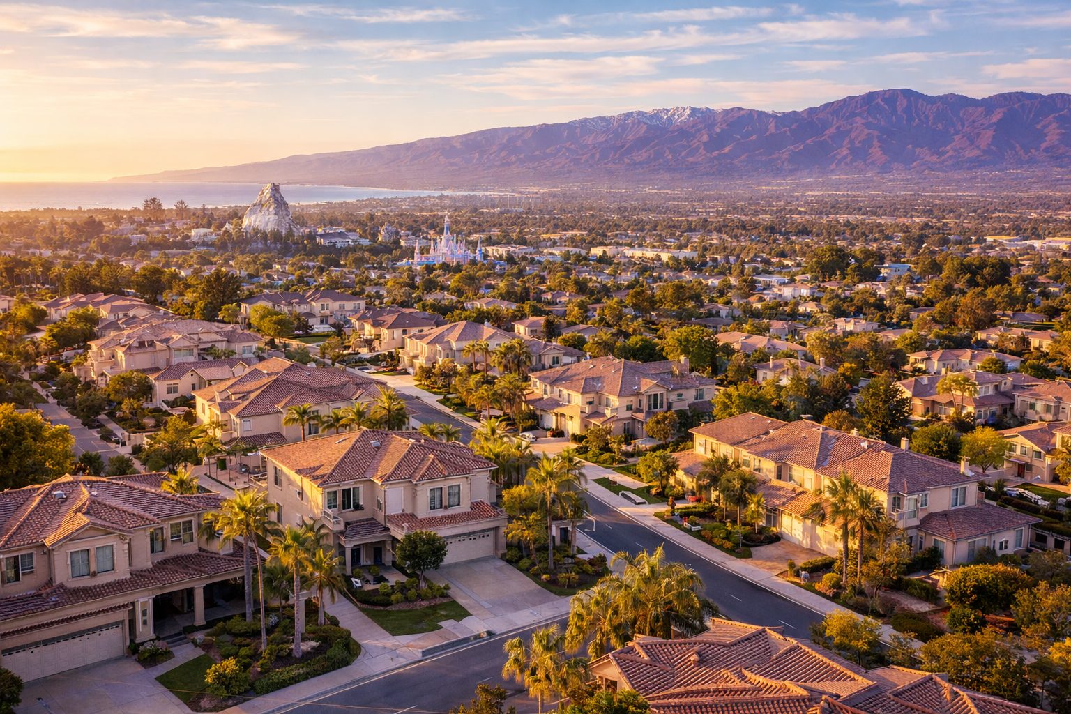 Anaheim Neighborhood View with Disneyland and Mountain Backdrop