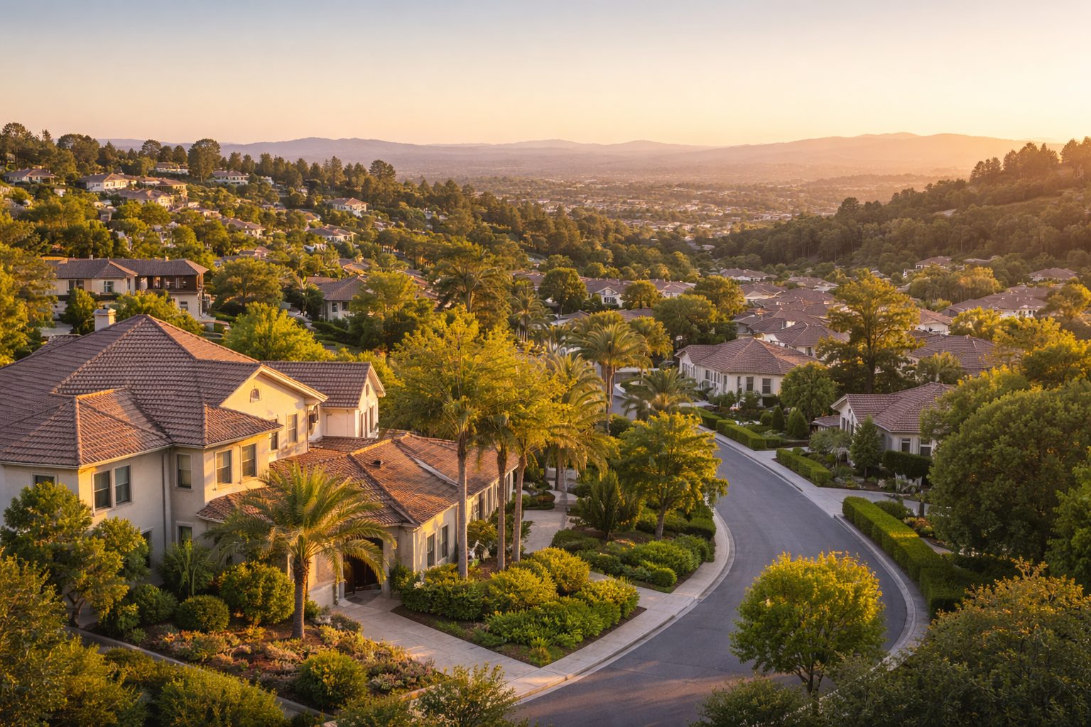 Brea California hillside residential neighborhood at golden hour