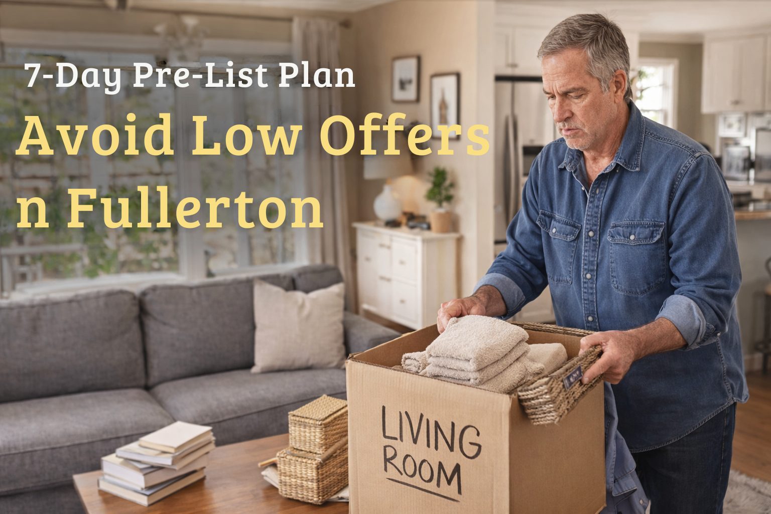 Fullerton homeowner packing living room boxes preparing home for sale before listing