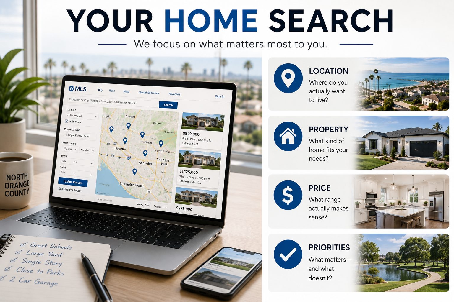 Orange County home search showing MLS listings, location, property type, price range and buyer priorities.