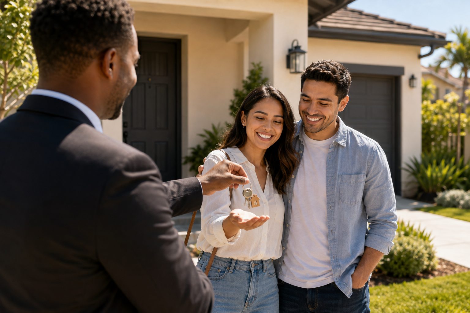 Orange County home buyers receiving the keys to their new home from their real estate agent.